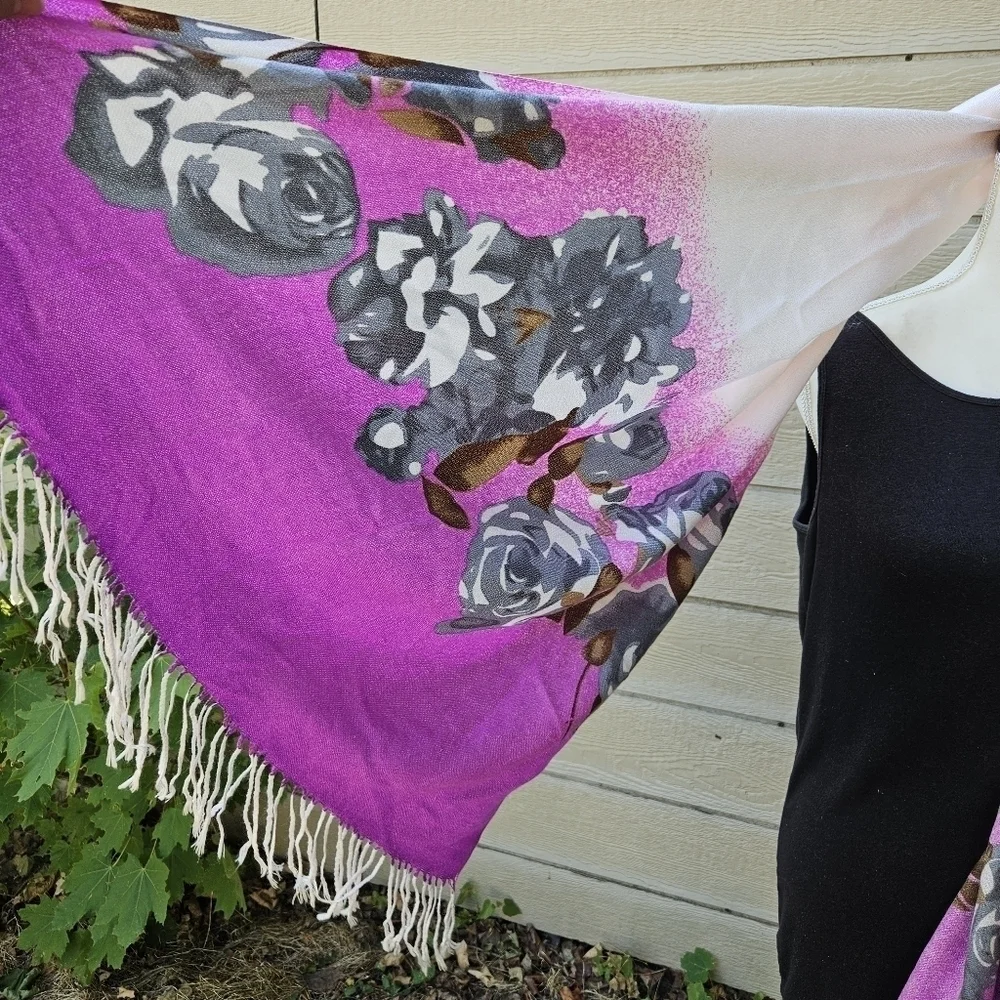 light pink and purple pashmina shawl scarf with gray roses silk and cashmere